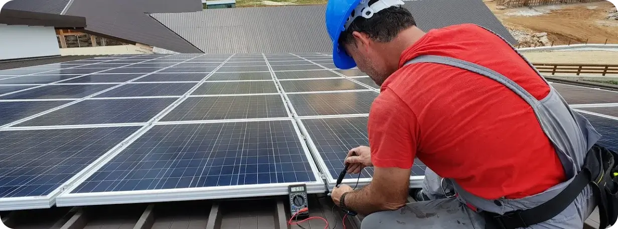 Technician inspecting rooftop solar panels with a multimeter