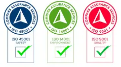 ISO 45001 , ISO 14001 , and ISO 9001 badges with a compass logo